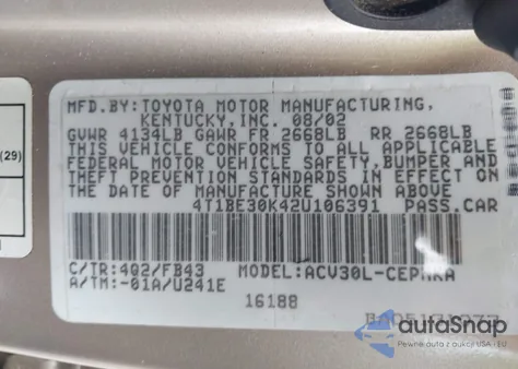 2002 Toyota Camry Le from USA, damaged, VIN 4T1BE30K42U106391